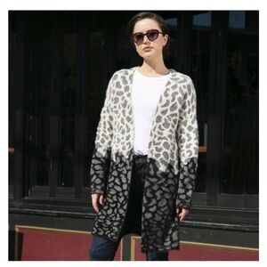Coco + Carmen Comfy Luxe Fuzzy Long Color Block Animal Print Cardigan S/M